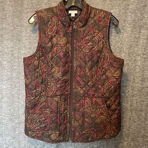 J Jill Heritage Quilted Vest‎ M Petite Brown Red Paisley Full Zip Puffer Outdoor